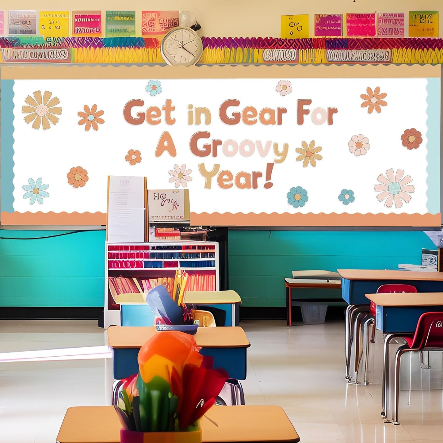 221 Pcs Bulletin Board Letters Round Alphabet Number Punctuation Symbol Combo Letter Cutouts Classroom Decoration for School Classroom Chalkboard Poster Board(Retro Boho)