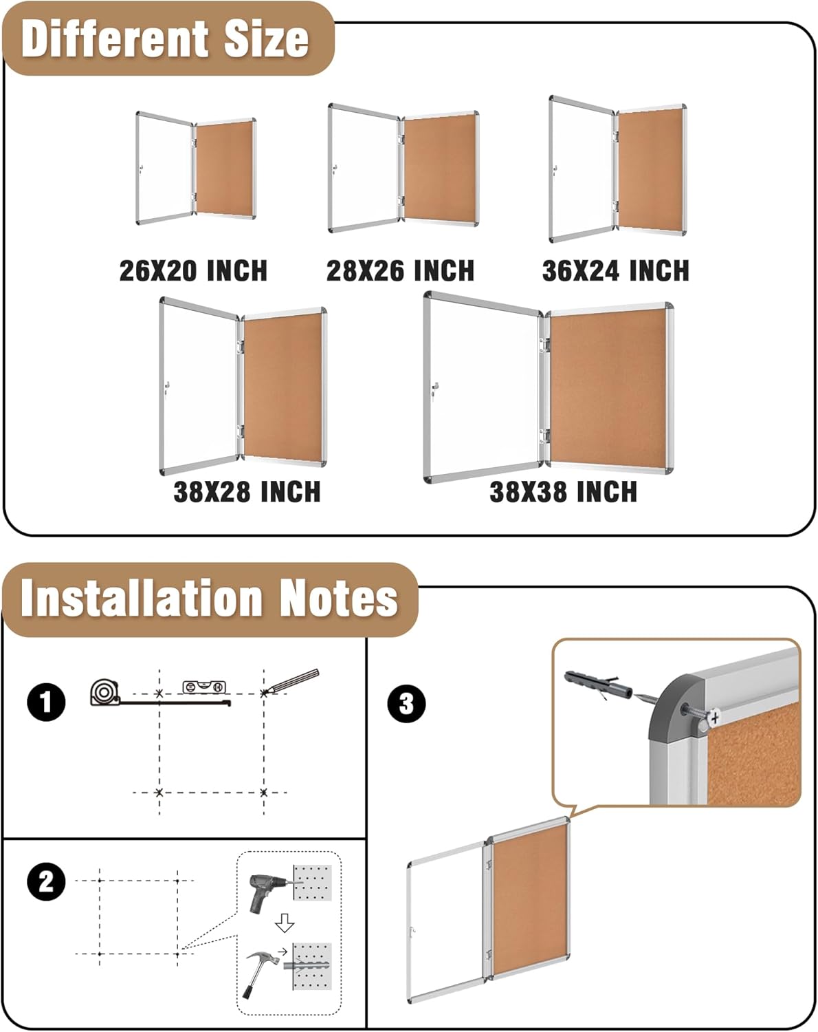 38"x38" Enclosed Bulletin Board, Lockable Weather-Resistant Aluminum Cork Noticeboard for School & Office, Silver Frame w/Cork