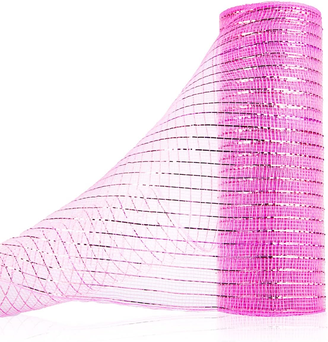 Anivia Deco Mesh Ribbon, 10inch x 30 Feet Each Roll Metallic Foil Mesh Ribbon for Wreaths Swags, Holloween, and Christmas Tree Decoration (Pink/Pink Foil)