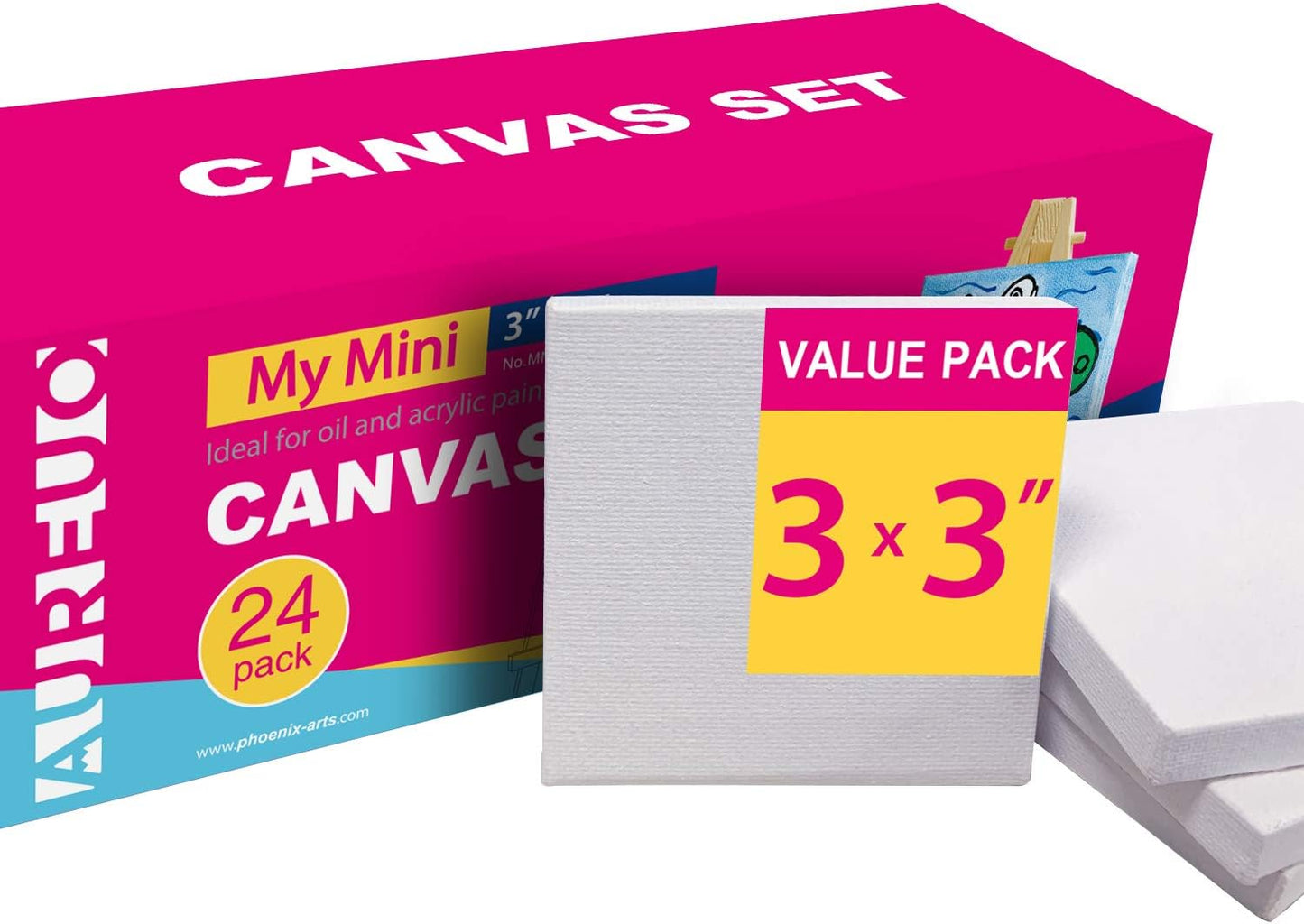 AUREUO Mini Stretched Canvas - 3x3 Inch/24 Pack - 2/5 Inch Profile Small Square Canvas - Gift Set Bulk Pack Canvases for Acrylic Painting & Craft