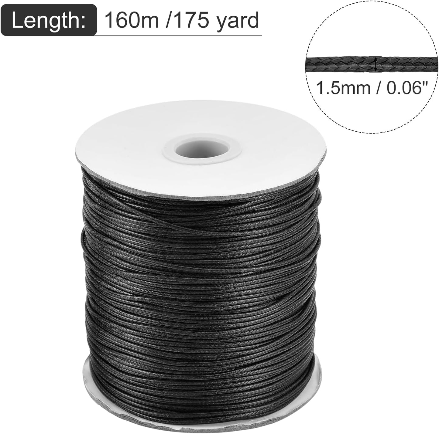 MECCANIXITY Waxed Cord 1.5mm Waxed Polyester Cord 175 Yard Wax String for Bracelet Making,Necklaces, Beading,Jewelry Making and DIY Crafts(Black)