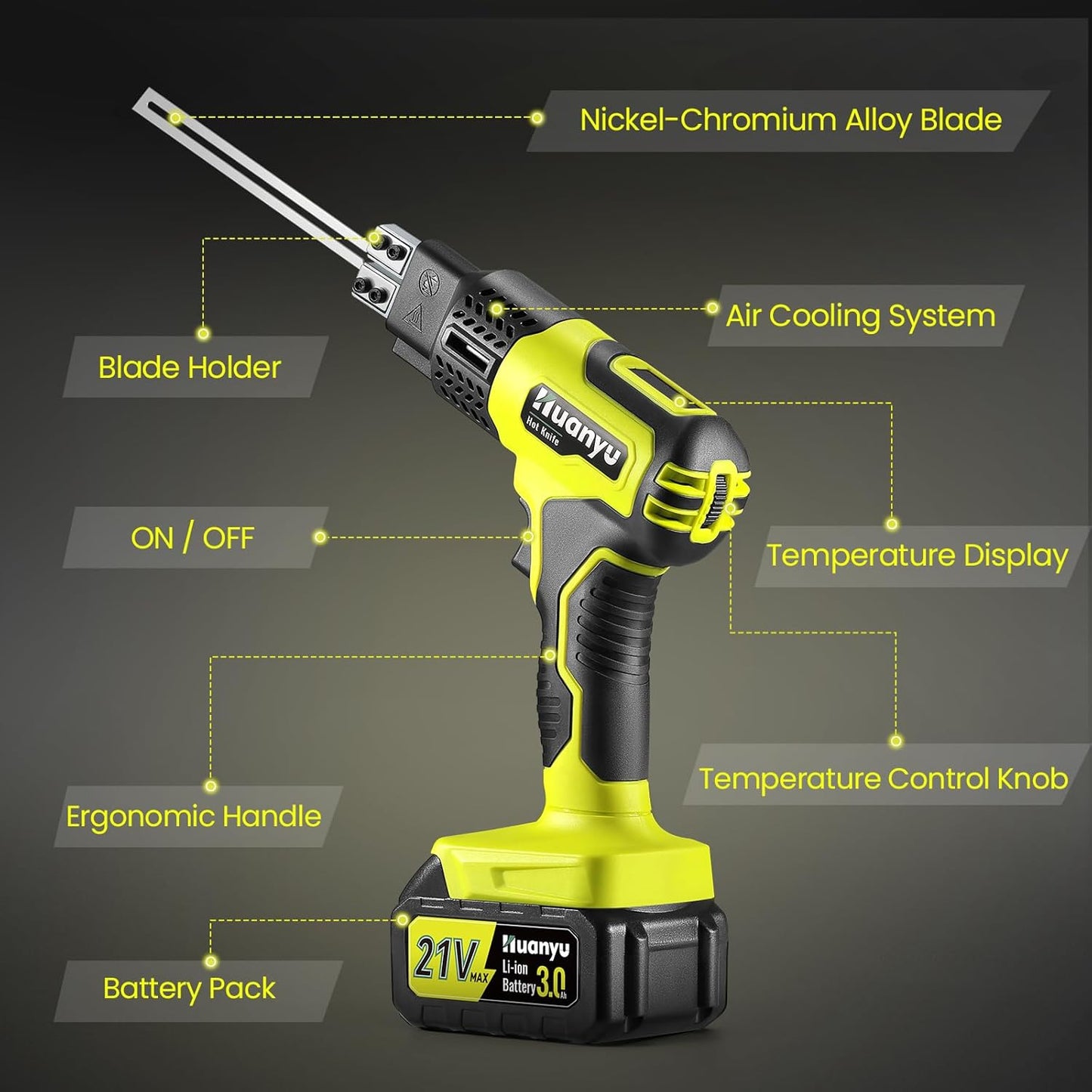 Huanyu Cordless Hot Knife with Temperature Display 100W Max 500℃ 3.0Ah Battery Powered Air Cooling Cutting Tool 2 Blades 4"+6" Set Electric Hot Knife for Styrofoam, Rope, Fabric, Acrylic