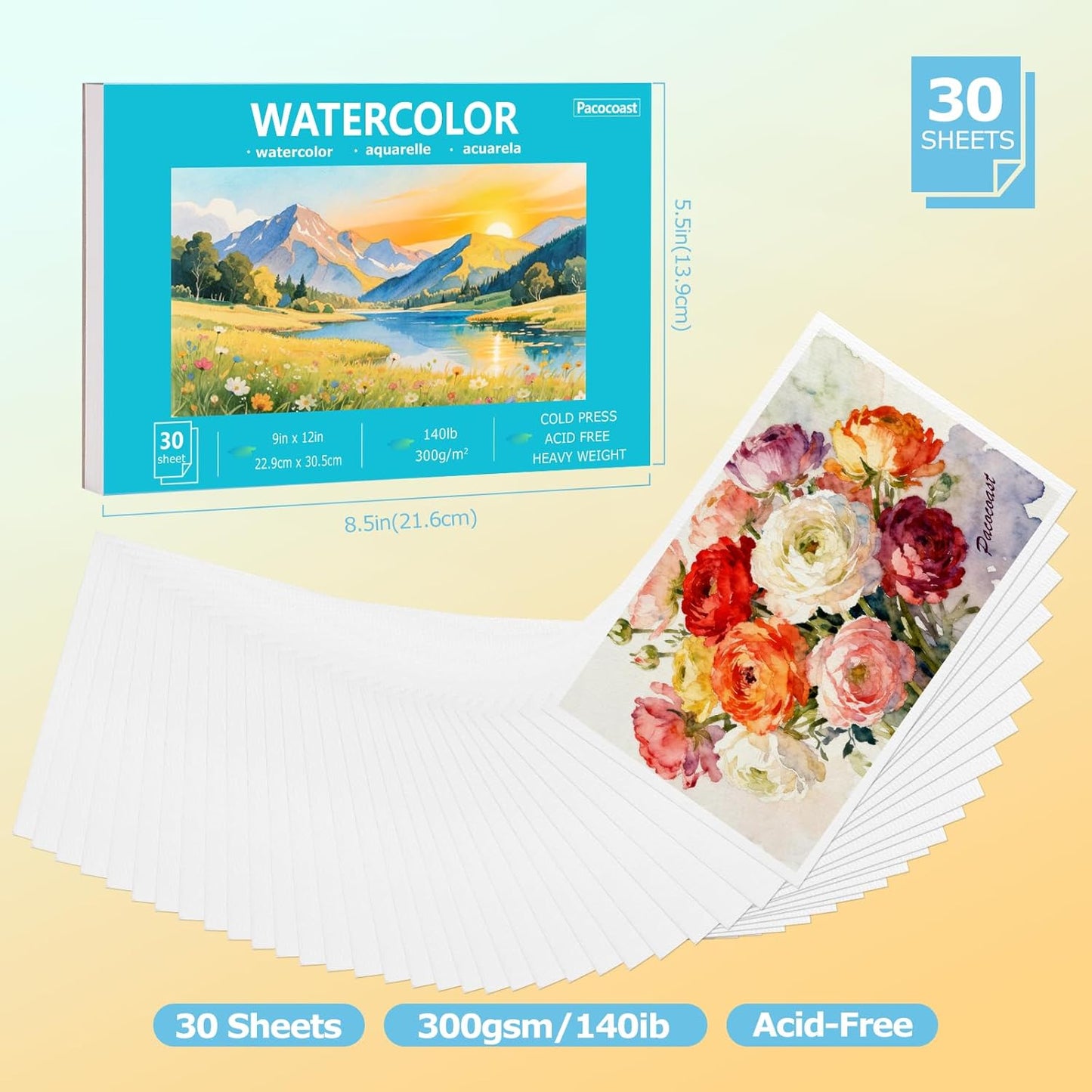 Pacocoast 5.5"x8.5" Small Watercolor Sketchbook for Kids, 30 Sheets of 140lb/300gsm Water Color Pads, Glue Bound Artist Drawing Paint Paper Book, Watercolor Notebook Journal, Teal