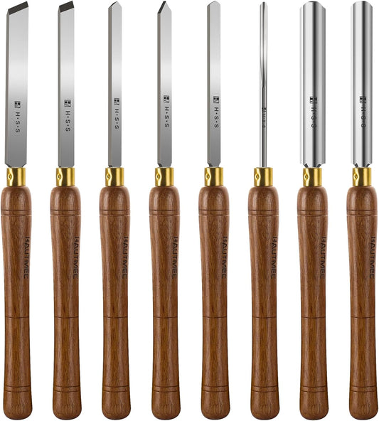 HAUTMEC Pro HSS Wood Lathe Turning Chisel Set 8 Pcs, Lathe Chisel Set with 3 Gouge 2 Skew 1 Spear Point 1 Parting 1 Round Nose Tools with 1680D Tool Bag for Professionals and Beginners - HTWCH25028