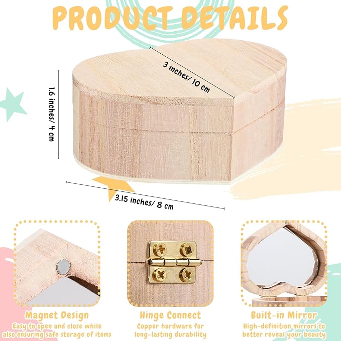 Kigley 24 Set Valentine's Day Gift Unfinished Wooden Box Crafts Heart Treasure Box with Mirror Rhinestones Stickers for DIY Jewelry Keepsake Storage Art Crafts Paint Party Favor Suitable for 15+