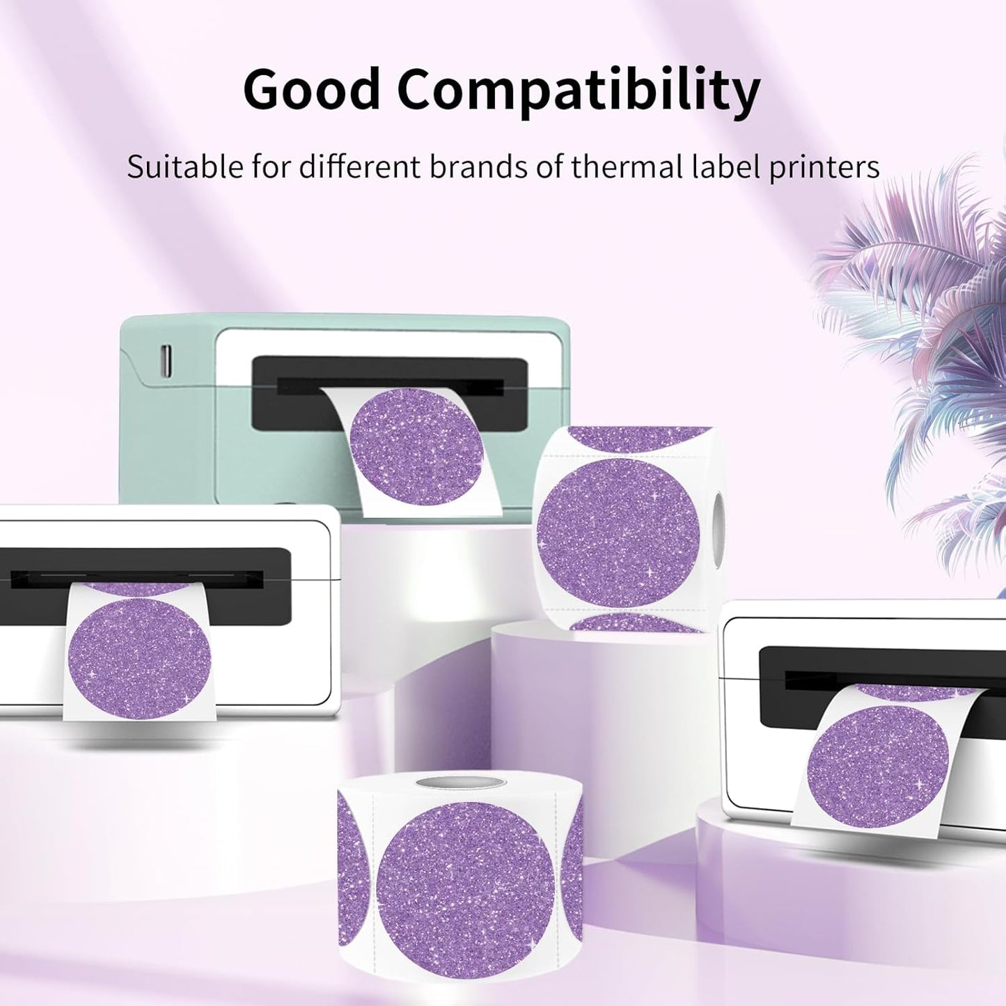 3" Circle Holographic Thermal Labels Stickers, Round Direct Thermal Label Stickers, Glitter Thermal Printer Sticker Labels for Gift Wrapping, Perforation Line Design- Glitter Purple