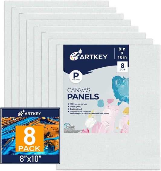 Artkey Canvases for Painting, 8x10 Inch 8-Pack, 10 oz Primed 100% Cotton White Blank Canvas Boards, Art Supplies Canvas Panels for Oil Acrylics Watercolor & Tempera Paints