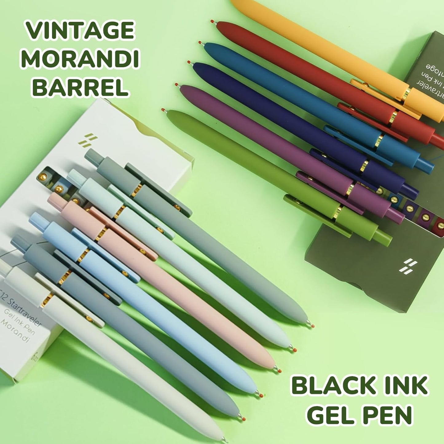 Gel Pens, 12 Pcs Black Ink Pens for Women, 0.5mm Fine Point Smooth Writing Pens, High-End Series Retractable Pens for Journaling Note Taking (12 Pcs Gold Morandi and Vintage)