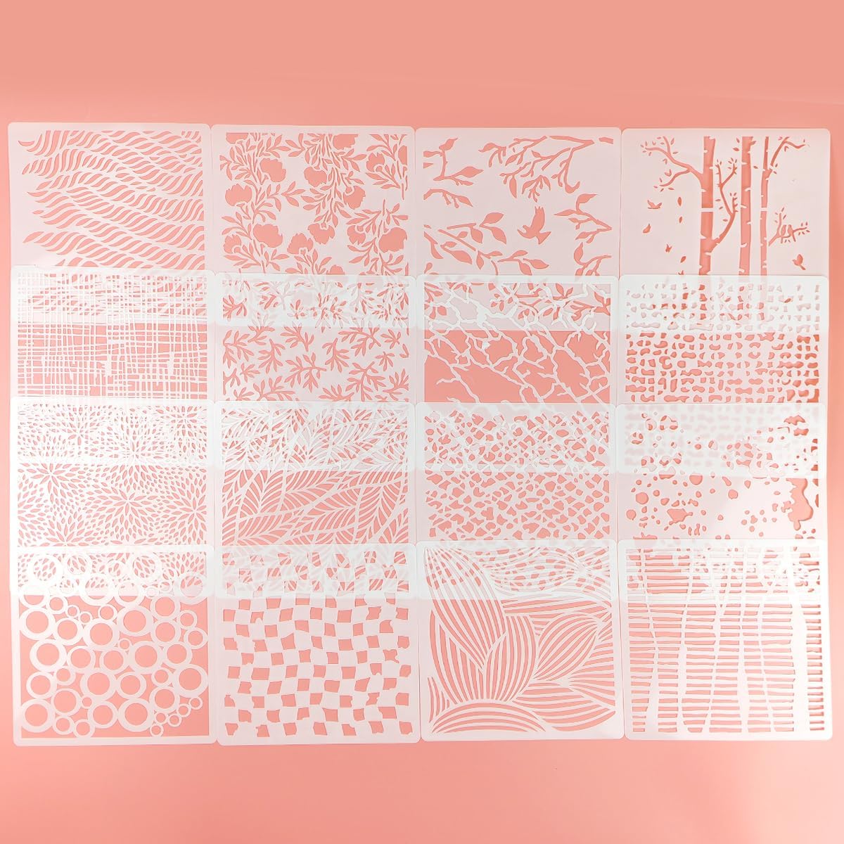 16 Pcs Layering Stencils for Painting - 6"x6" Mixed Texture Trees, Flowers, Leaves, Dots, Checkered, Buffalo Crackle, Splatter Stencils for Canvas, Mix Media Spray Paint