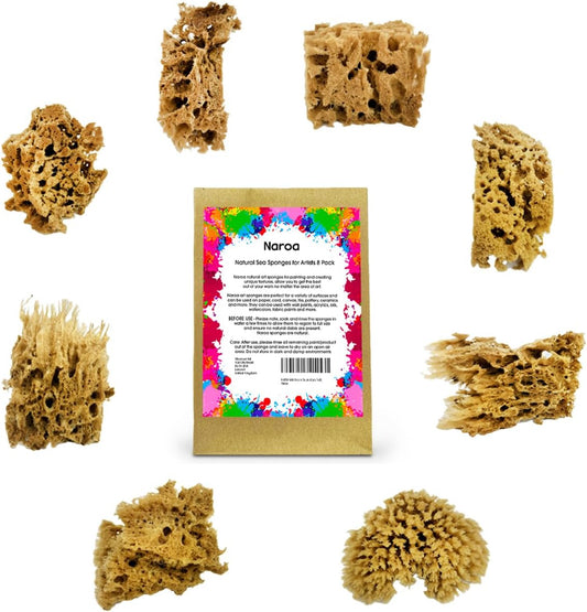 NAROA Artist Natural Sea Sponges for Painting 8 Pack | Unbleached Unique Art Tool Set | Suitable for Acrylic Watercolor, Marbling, Texturing, Pottery, Ceramics