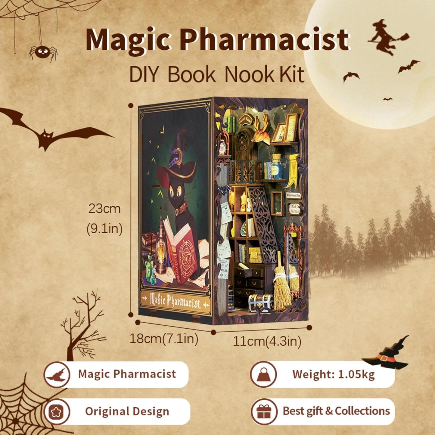 Fsolis Book Nook Kit, DIY Miniature House Kit 3D Wooden Puzzle Craft Kit for Adults Decorative Bookend Bookshelf Decor Gifts for Women Teens Book Lovers(Magic Pharmacist)