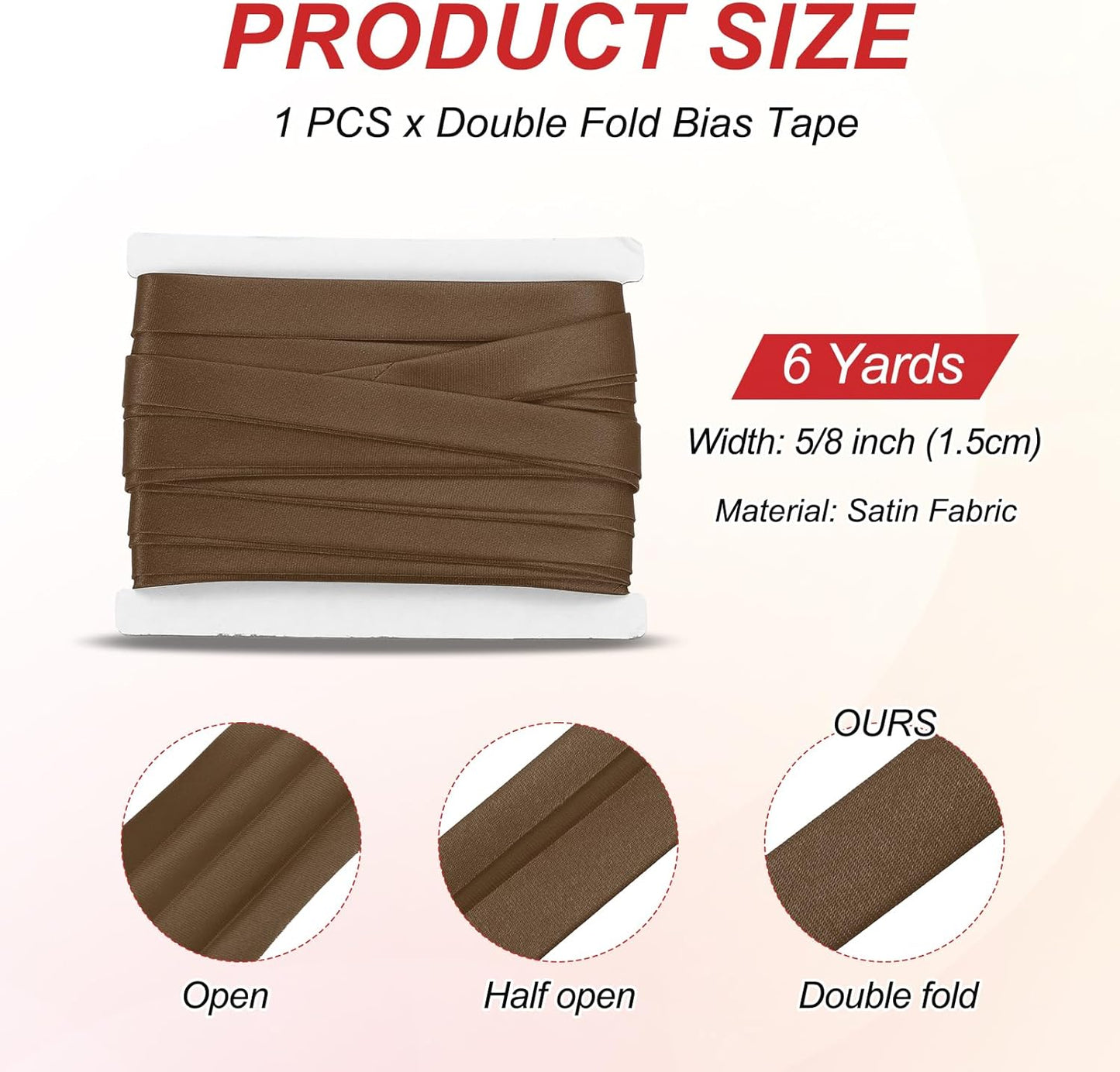 MECCANIXITY Double Fold Bias Tape for Sewing 5/8 Inch x 6 Yards Satin Pre-fold Continuous Binding Tape for Seaming Quilting Hemming Binding DIY Crafts, Brown