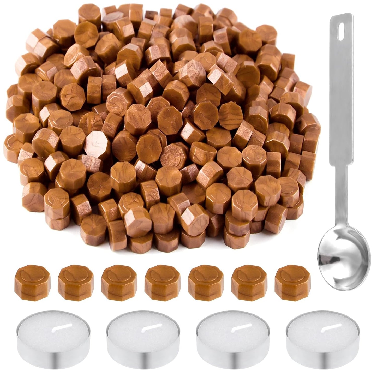 500 Pcs Dark Gold Octagon Wax Seal Beads Kit with 4 Pcs Tea Candles 1 Pc Melting Spoon for DIY Crafts Letters Wedding Wine Bottle Sealing