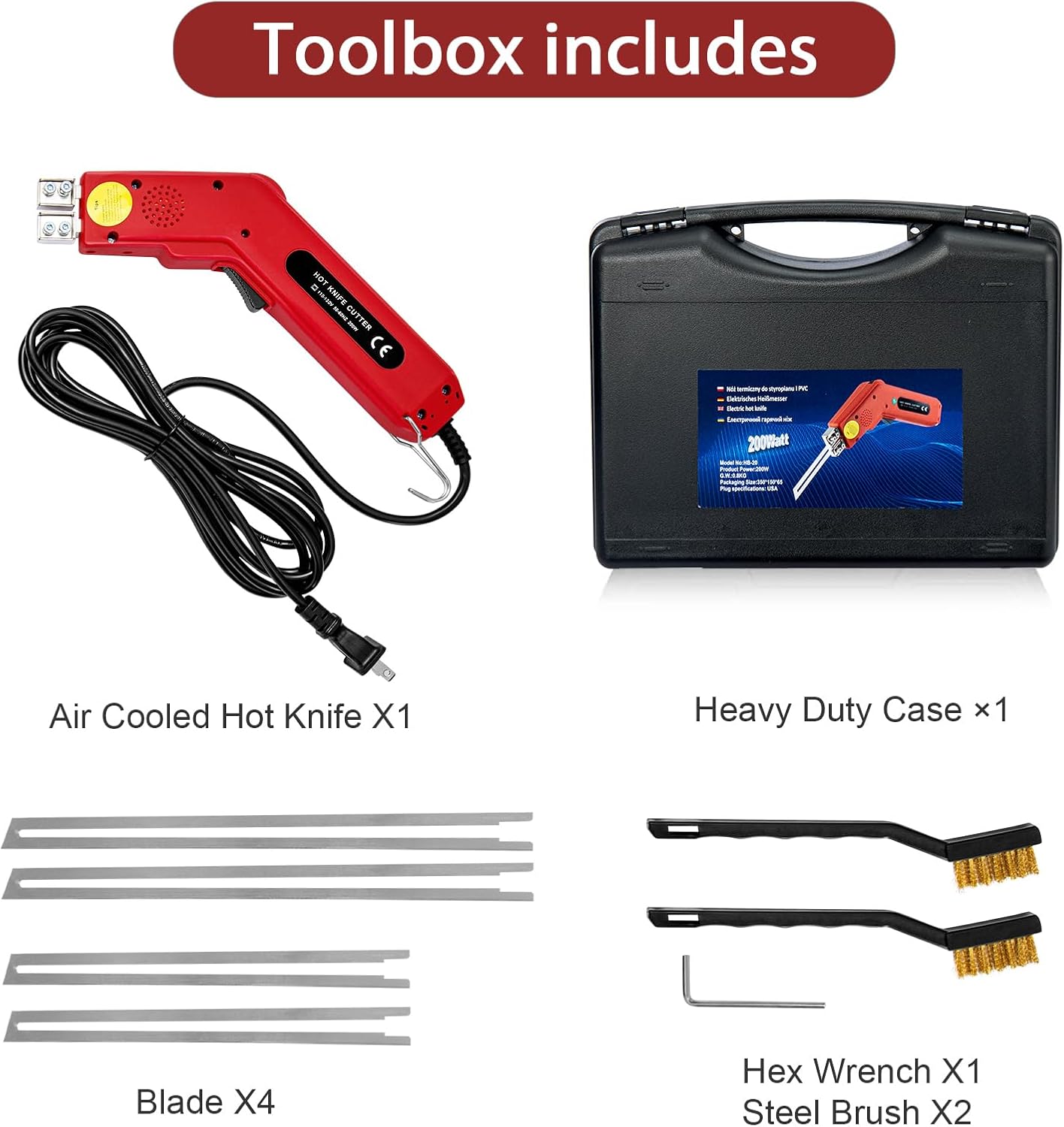 Toemics Electric Hot Knife Foam Cutter – 200W Styrofoam Cutting Tool, 4 Adjustable 50-500°C Blades for Polystyrene, Sponge, Crafts, and Insulation (Red)
