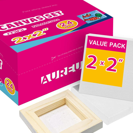 AUREUO Mini Stretched Canvas - 2x2 Inch/24 Pack - 2/5 Inch Profile Tiny Square Canvas Boards for Painting - Art Gift Set Bulk Pack Canvases for Acrylic Painting & Craft