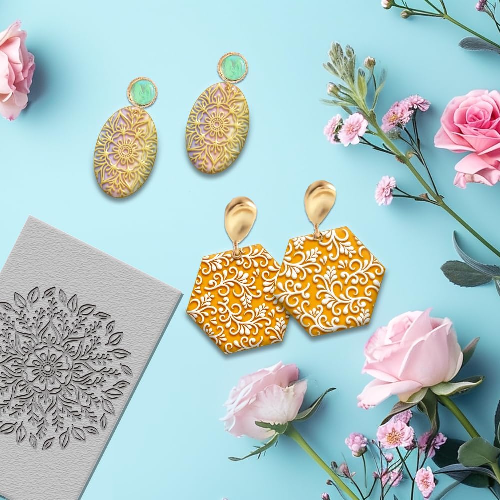 4PCS Polymer Clay Texture Sheets Set for Using with Clay Cutters Boho Clay Mat Effect as Texture Roller DIY Craft Tools Earing Jewelry Making