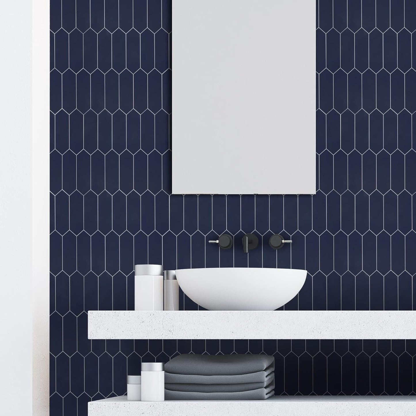 SUNWINGS Backsplash Tile for Kitchen Peel and Stick, Stone Composite Self Adhesive Tiles Long Hexagon Mosaic Wall Tile for Kitchen, 12 Inch x 11.22 Inch 10 Sheets Navy Blue