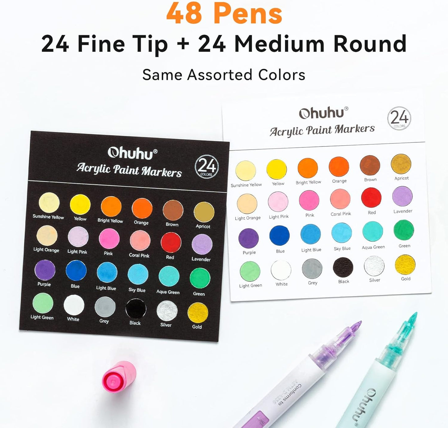 Ohuhu Acrylic Paint Markers, 48 Paint Pens Set of 24 Fine & 24 Round Tip in Same Assorted Colors - Reversible Chisel & Round - Good Coverage Acrylic Markers for Rock Painting Easter Egg Wood Plastic