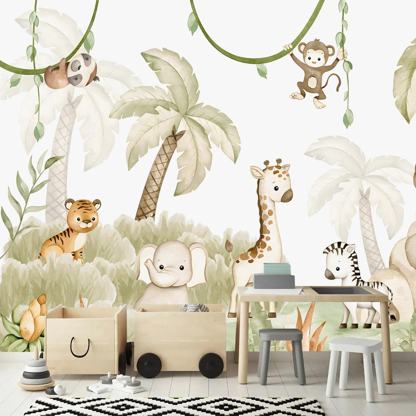 AFZEVEB-Safari Wallpaper Watercolor Animal Nursery Wall murals for Kids Room 159"x107"(Not Peel and Stick)