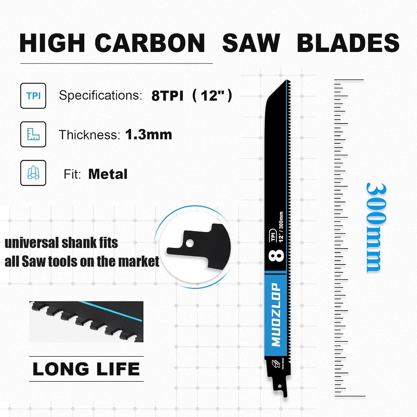 2 Pack 12 inch Reciprocating Saw Blades Set， 8 TPI High Carbon Saw Blades for Metal ，Saw Blades with Organizer Case (2, 8T/12inch)