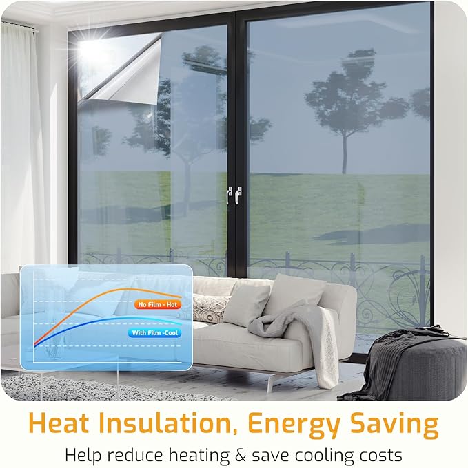 LUTE One Way Window Privacy Film, Window Tint for Home, Sun Blocking UV Heat Blocker, See Out Not in Reflective Mirror Film, Removable Static Cling Glass Door Coverings, Silver, 35.4" x 78.7"