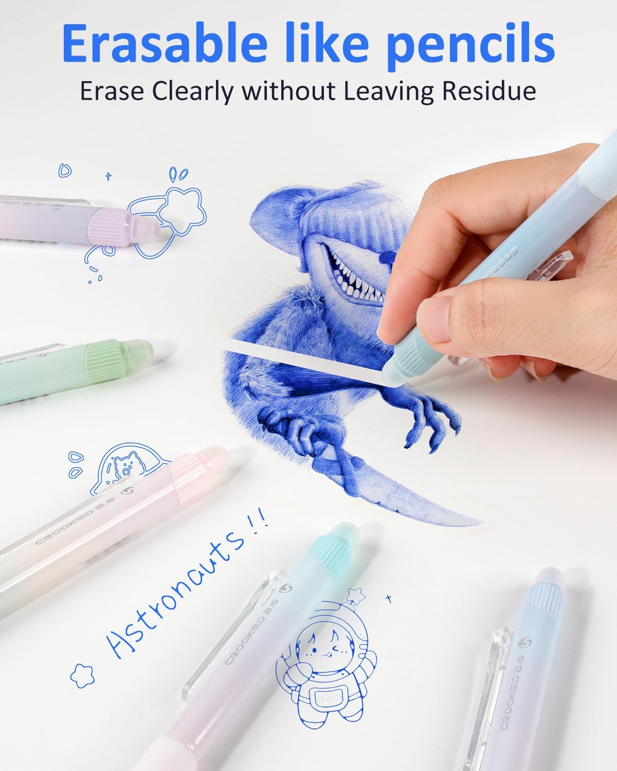 Solati Erasable Pens, 6 Pack Fine Point 0.5mm Black Erasable Gel Pens with 360°Rotating Erasers, Make Mistakes Disappear, Comfort Grip for Drawing, Writing, Planning, and Crossword Puzzles (Blue Ink)