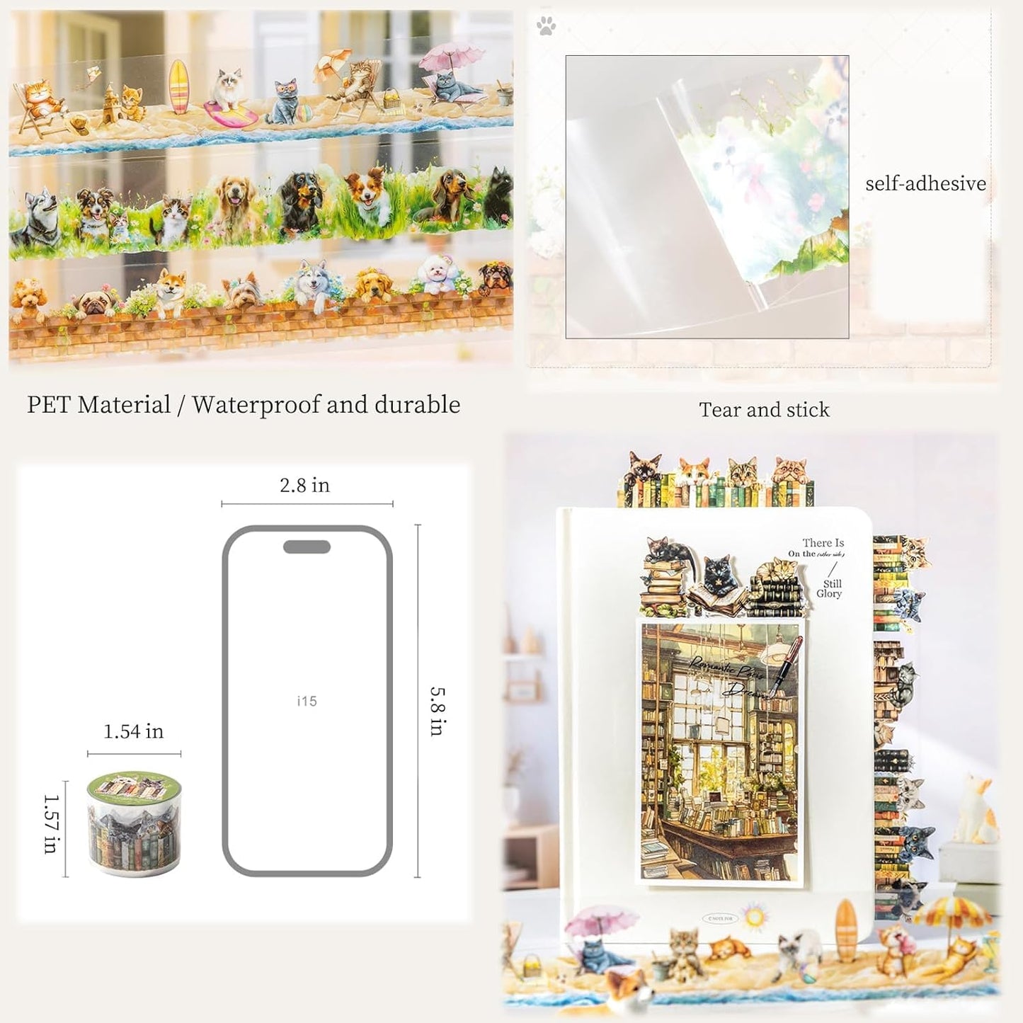 PET Tape Set for Junk Journal,6 Rolls Cute Cat Tape Stickers,Clear Pet Dog Stickers for Scrapbooking,Journaling,Planner,DIY Arts Crafts,Notebook,Phone Case,Cups(Pet Time)