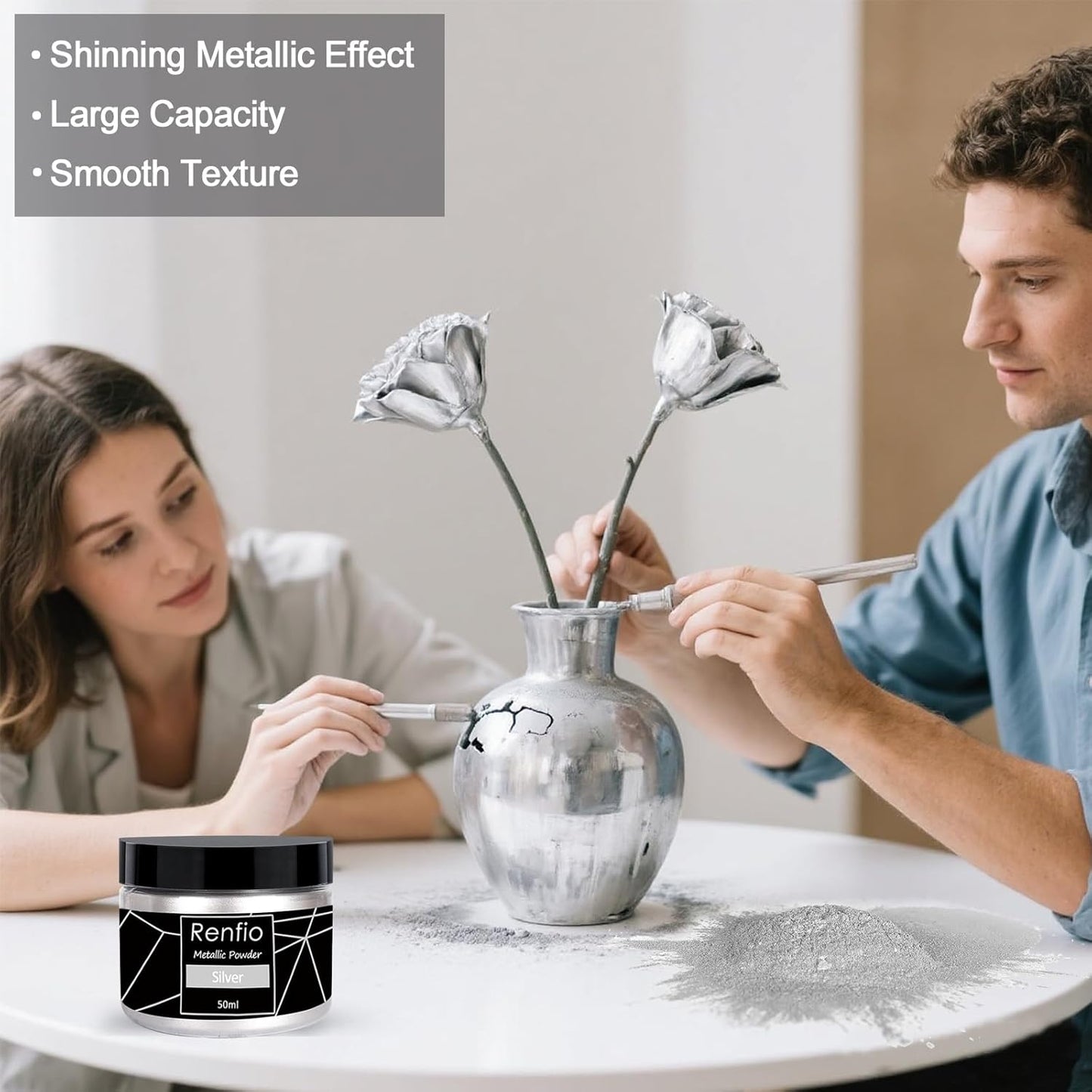 Renfio Metallic Pigment Powder,Silver Mica Powder for Resin,50ml Silver Resin Color Pigment for Kintsugi,Polymer Clay,Crafts,Slime,Candle,Nail,Paint,Fabric,Festival,Decoration