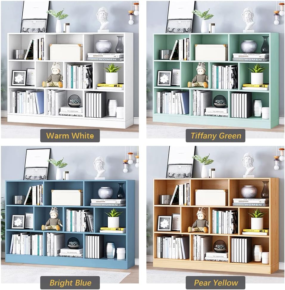 IOTXY Open Shelf Low Bookcase - Wooden 3-Tier Floor Standing Display Cabinet Organizer with Base, 10 Cubes Short Horizontal Bookshelf in Warm White