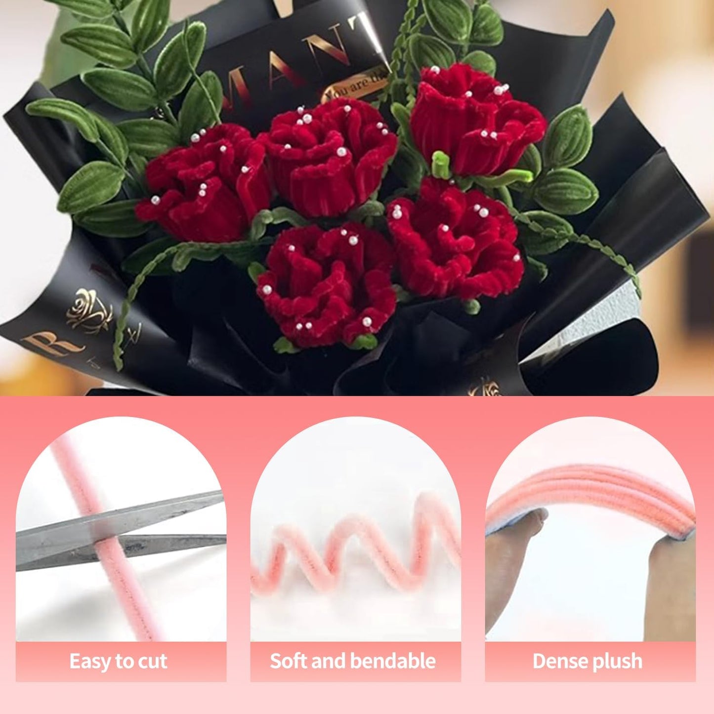 500 Pcs Pipe Cleaners Craft，5 Colors Pipe Cleaners Bulk,Chenille Stems Flowers Craft kit for DIY Handmade Bouquet Wrapping Party Decorations whit Ribbons，Stems,Tape，Stamens, Glue Sticks (Red)