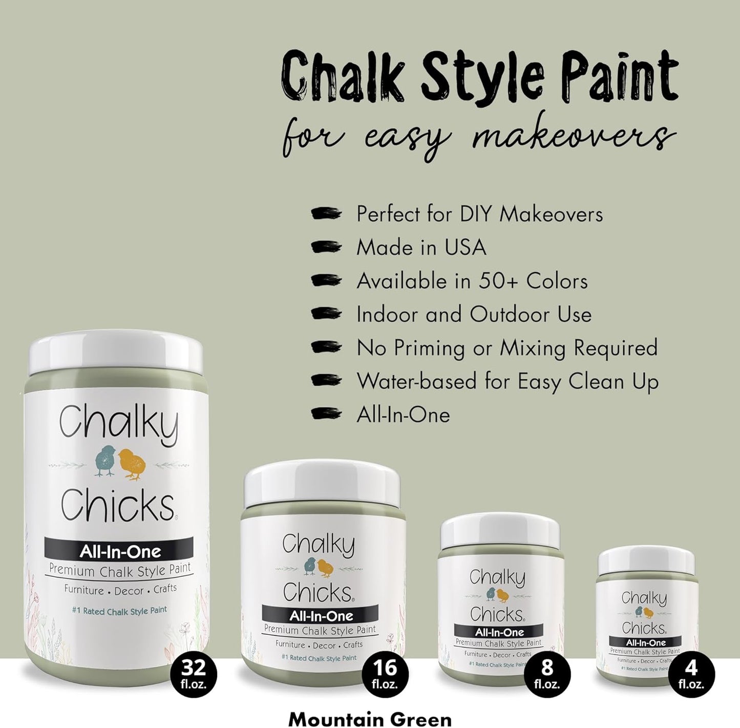 Chalky Chicks 8 Fl Oz Matte Mountain Green (Sage Green) Chalk Paint for Furniture Without Sanding - No Prep Furniture Paint No Sanding All in One for Crafts, Wood, Walls, Cabinet, Metal, Dresser