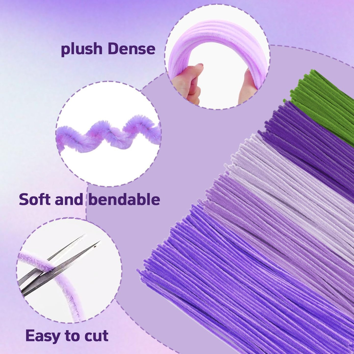 500 Pcs Pipe Cleaners Craft，5 Colors Pipe Cleaners Bulk,Chenille Stems Flowers Craft kit for DIY Handmade Bouquet Wrapping Party Decorations Whit Ribbons，Stems,Tape，Stamens, Glue Sticks (Purple)