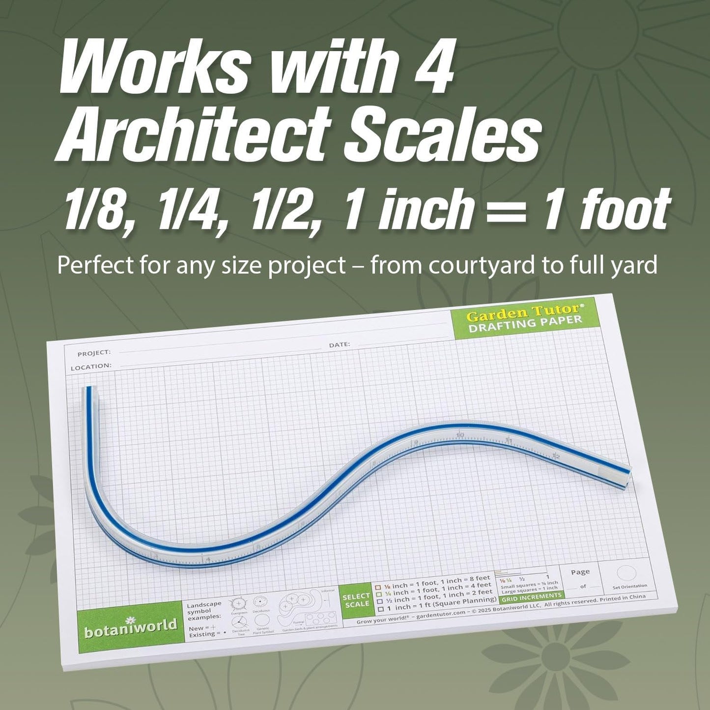 Garden Tutor Multiscale Garden & Landscape Design Kit – 2 Translucent Yellow Design Stencils, 12-Inch Flexible Curve Ruler, 40-Sheet Multi-Scale Graph Paper & Garden Design Guide