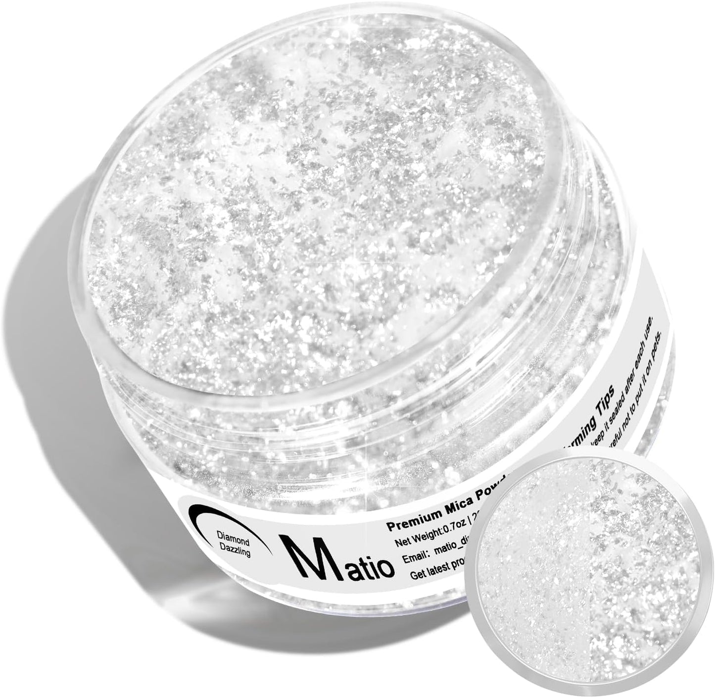 Matio White Glitter Mica Powder, 0.7oz/20g Premium Resin Glitter Powder Natural Epoxy Resin Color Pigment for Candle Making, Bath Bombs, DIY Crafts, Lip Gloss, Hair, Nail Art（Diamond Dazzling）
