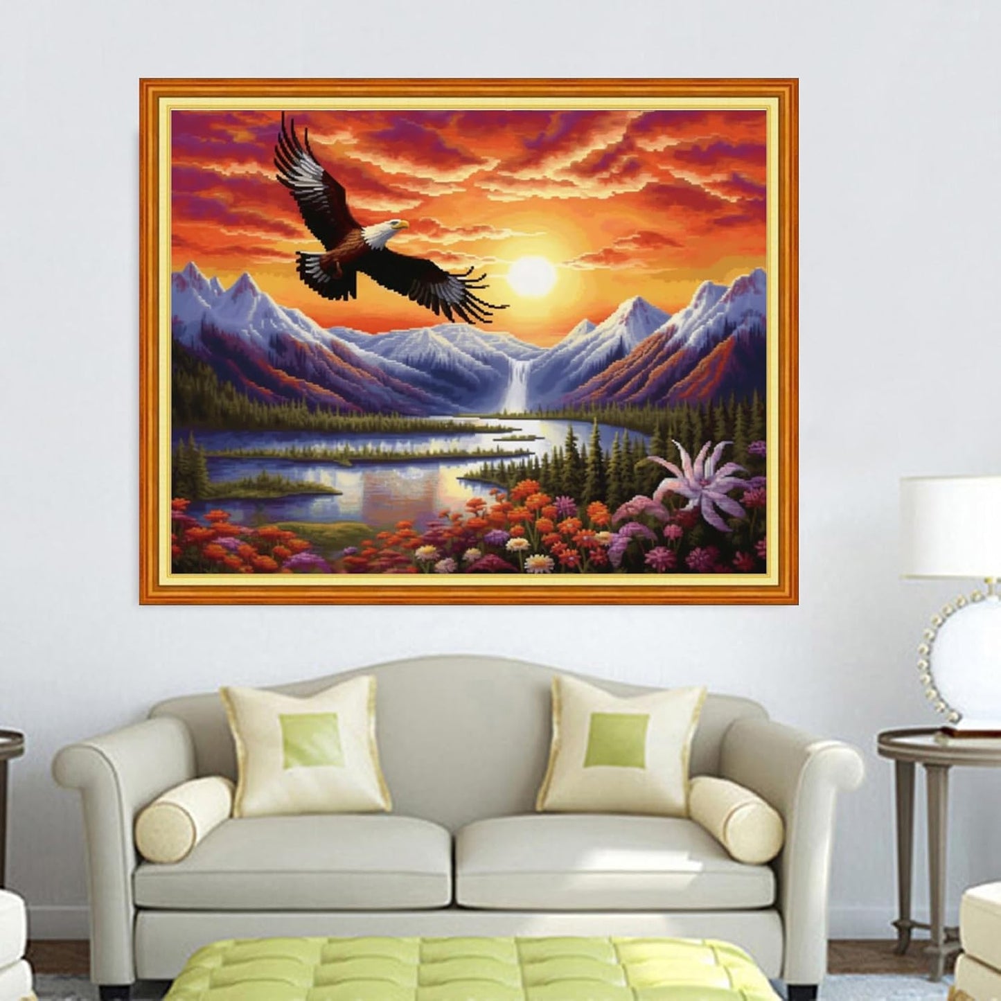 DMCVIVR Stamped Cross Stitch Kits for Adults Beginners Embroidery Kits 11CT Needlepoint Kits Cross Stitch Patterns Embroidery Patterns-Sunrise Eagle Flower 16x20 inch