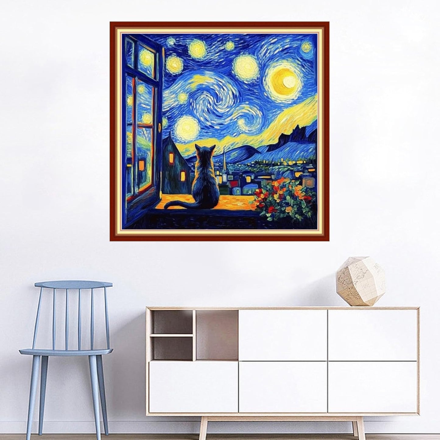 Joyhoor Cross Stitch Kits for Beginners Stamped Cross-Stitch Supplies Needlework preprint Embroidery Kits for Adults DIY Needlepoint Kits Embroidery Patterns 11CT-Cat Watch Van Gogh Stars 18x18 inch