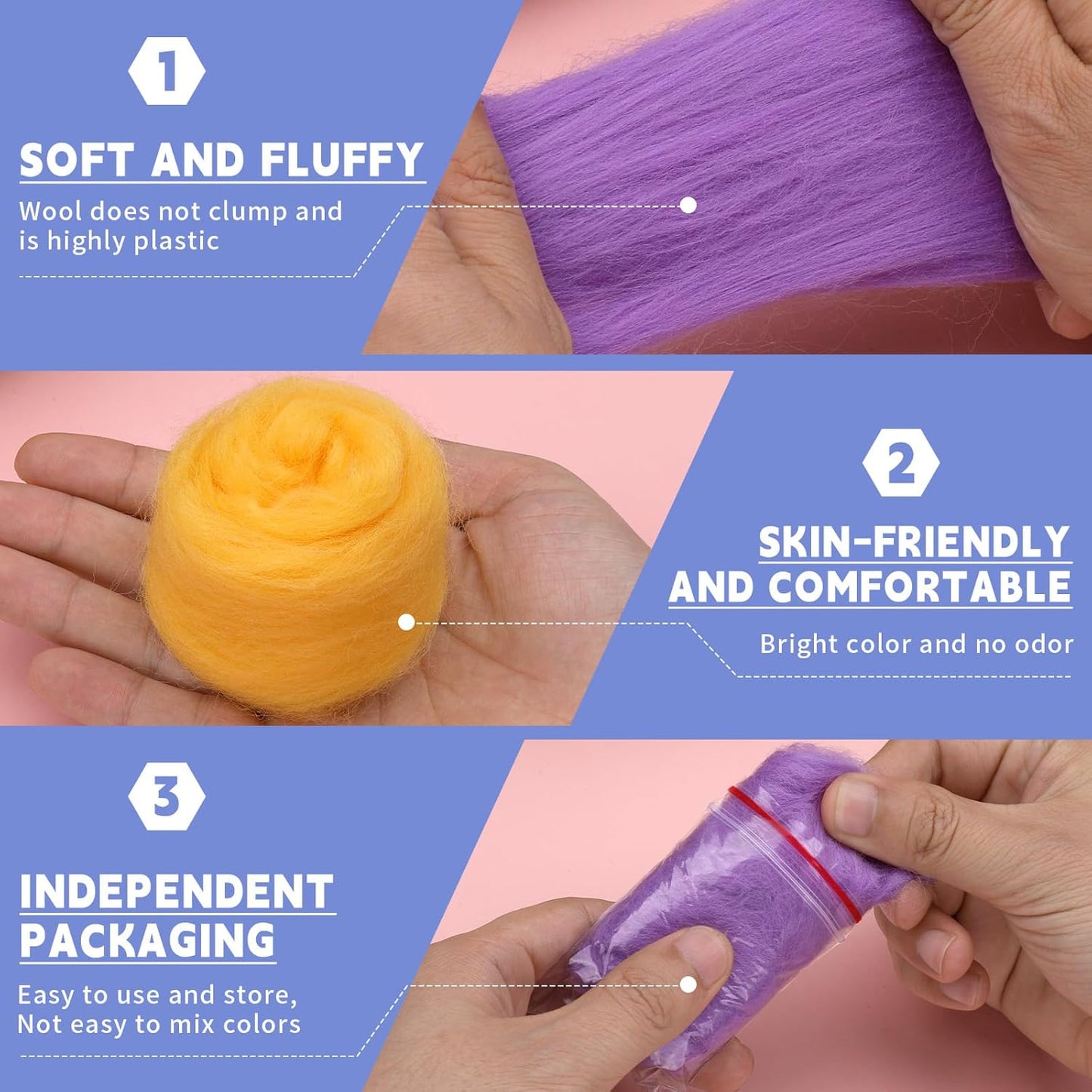 IMZAY 50 Colors Needle Felting Wool, 5g/Pack Wool Roving Yarn, 9.2 Oz Fiber Wool Roving for DIY Hand Spinning, Felting Crafts, Needle Felt Roving DIY Craft, Black/White 10g Each