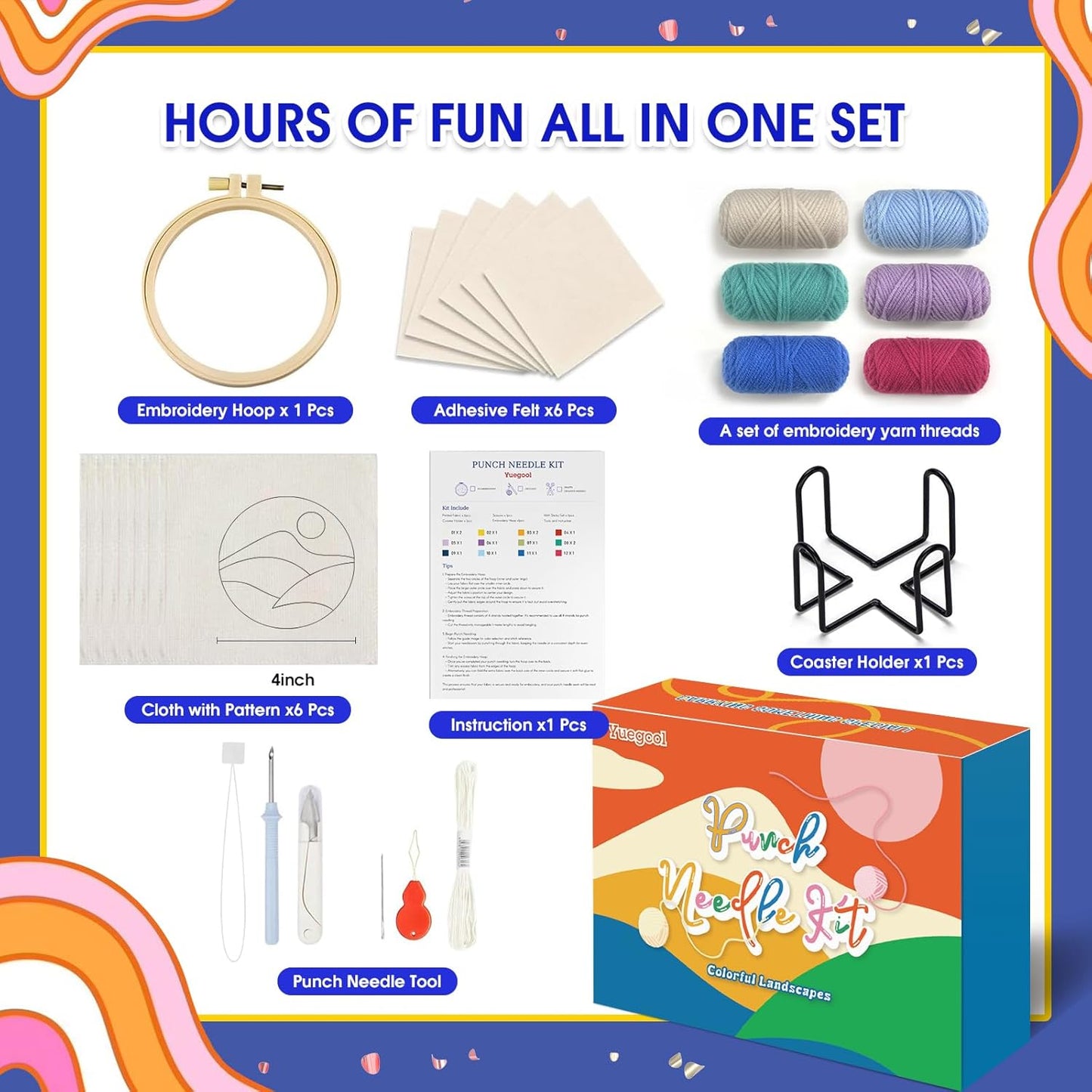 yuegool 6PCS Landscapes Punch Needle Coasters Kit,Easy DIY Punch Needle Embroidery Kit for Beginners Adults Kids Including Patterns, Tools, Yarns, Hoop, Instruction, Coaster Holder Art Craft Supplies