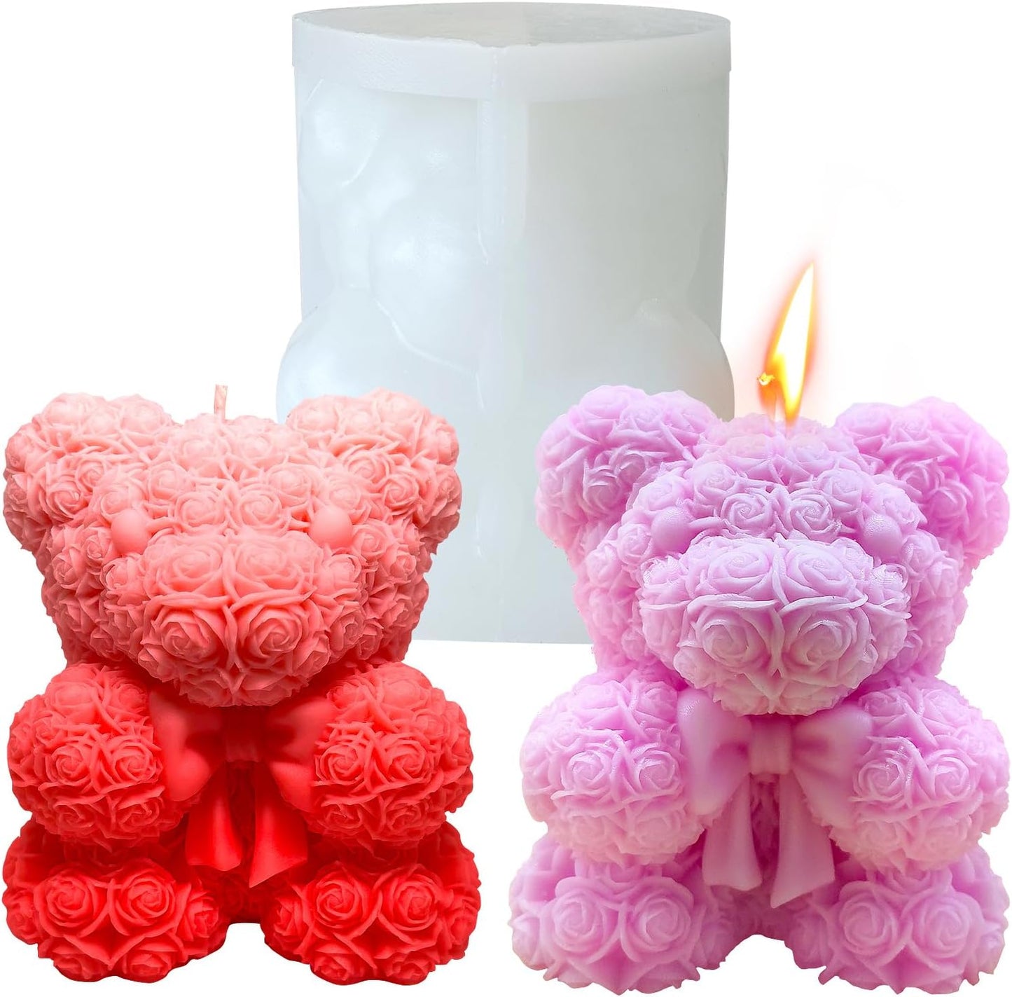 Bowtie Rose Bear Candle Mold - 3D Teddy Bear Candle Making Molds, Cute Epoxy Resin Molds for DIY Handmade Soaps,Valentine Gifts,Mother's Day Gifts,Birthday Gifts & Home Decorations(Bow Tie Bear Large)