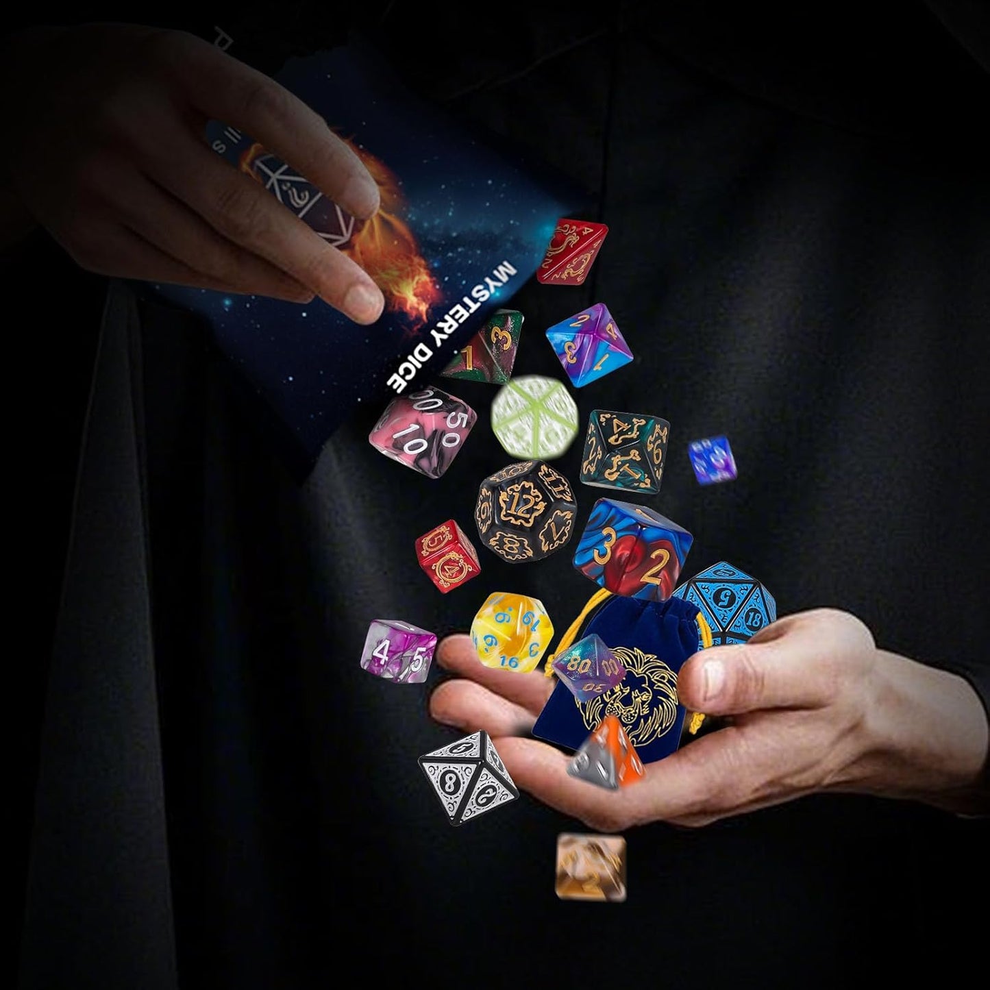 QMAY Polyhedral Dice - 48PCS Mystery Dice Set, Various Styles, Random D&D Dice Patterns & Dice Bag, 6 Mystery Bags, DND Gifts, Suitable for Dungeons and Dragons, RPG, MTG,Role Playing Table Game