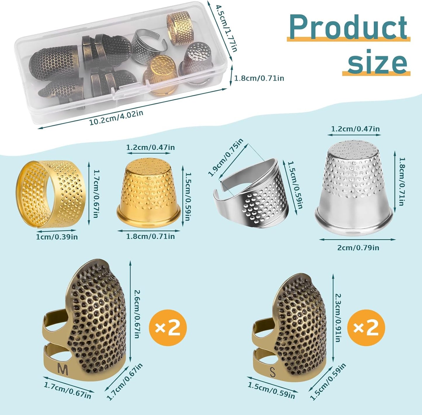 ZMAAGG Thimbles for Hand Sewing, 8 PCS Sewing Thimble Kit, Metal Finger Protectors, Thimble Ring for Hand Quilting and Embroidery