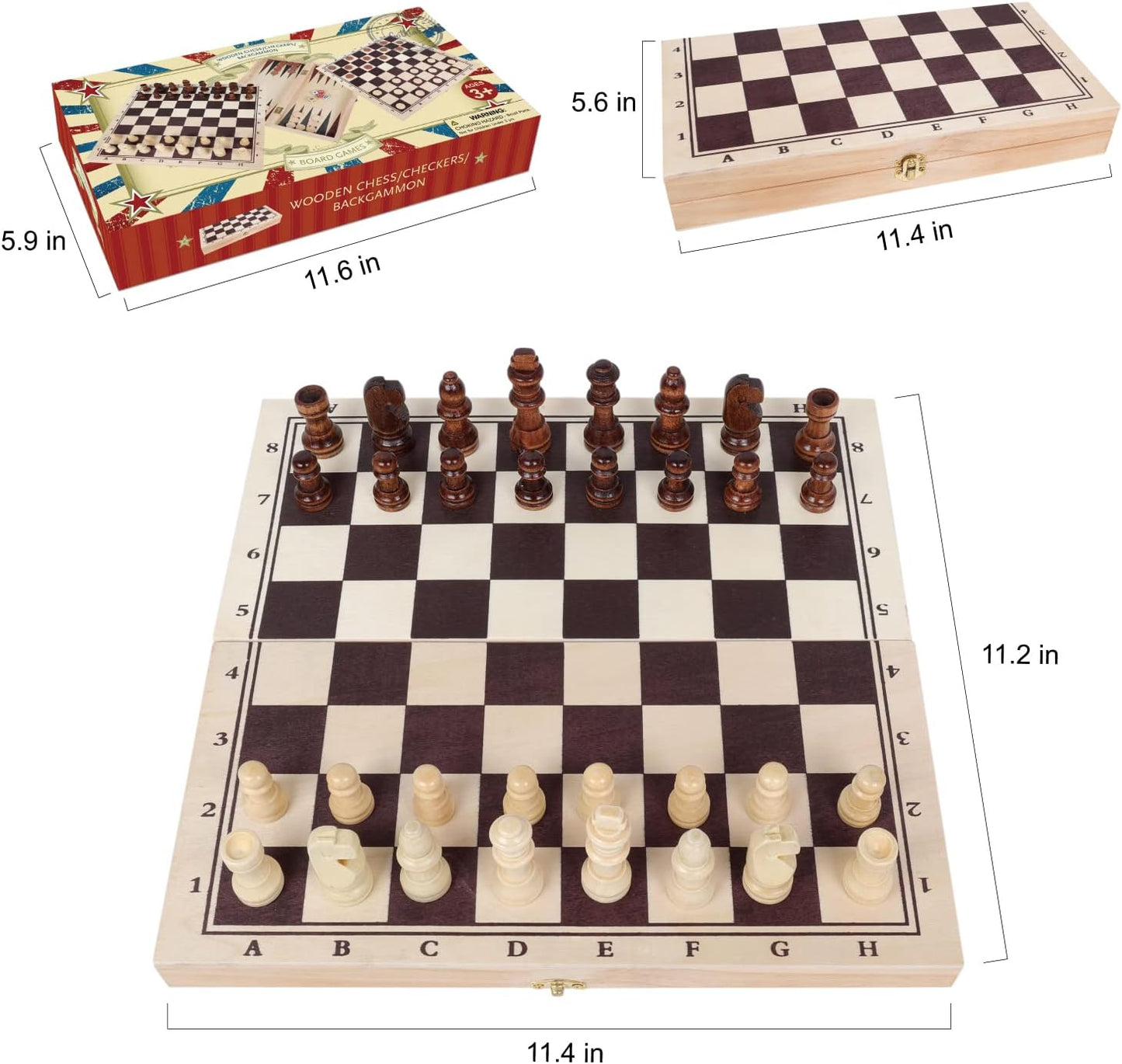 GOTHINK Wooden Chess, Checker, and Backgammon 3 in 1 Board Game Set,Classic Traditional Travel Night Toy and Game Gift Set for Kids Adults Senior Family