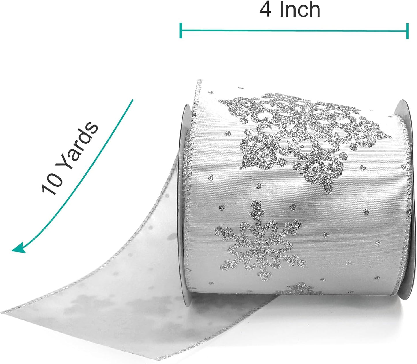 CT CRAFT LLC White Satin with Silver Snowflake Wired Ribbon 4 Inch x 10 Yards for Christmas Home Decor Tree Topper Bow Gift Wrapping DIY Crafts Wreath Garland