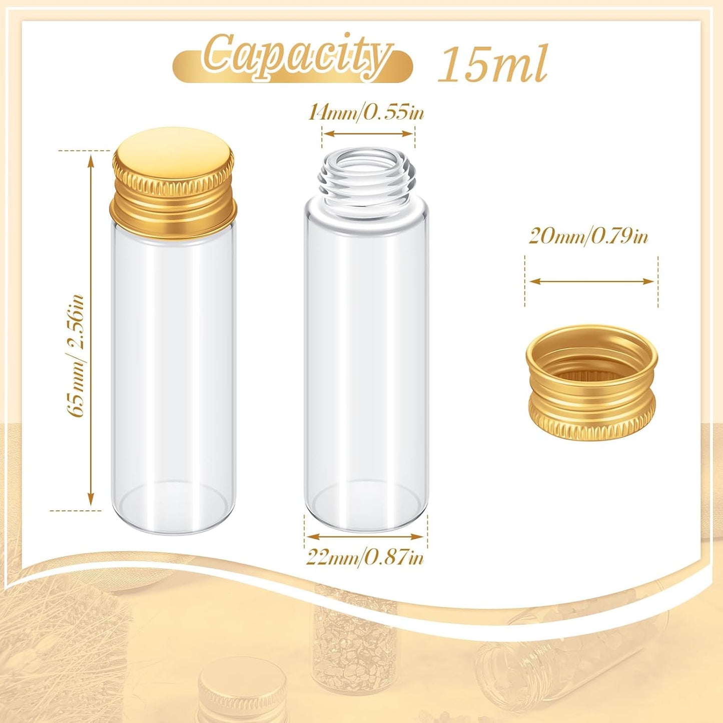 100 Pcs Small Clear Vials Spice Mini Jars with Lids Mini Glass Bottles with Screw Aluminum Metal Caps Tiny Jars Sample Containers for Powder Cream Cosmetic Jewelry Wedding (15 ml,Gold Caps)
