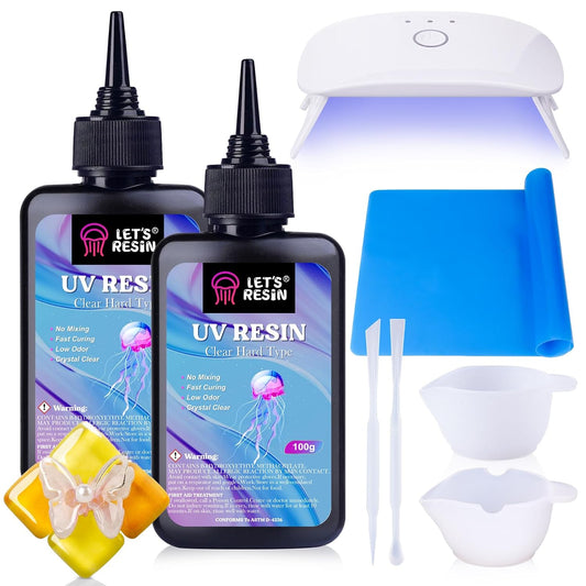 LET'S RESIN UV Resin with Light,Upgraded 200g Crystal Clear&Low Odor,UV Light,Silicone Mat,Ultraviolet Epoxy Resin Hard, Starter Kit for Jewelry,Craft Decor, Keychain Making