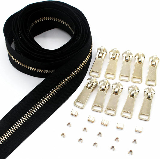 Leekayer #5 Metal Zippers Roll Bulk 2 Yards Black Zipper by The Yards with 10 pcs Sliders Light Gold Teeth Zipper for Sewing Bag Craft Backpack, Wallets, Purses Handmade