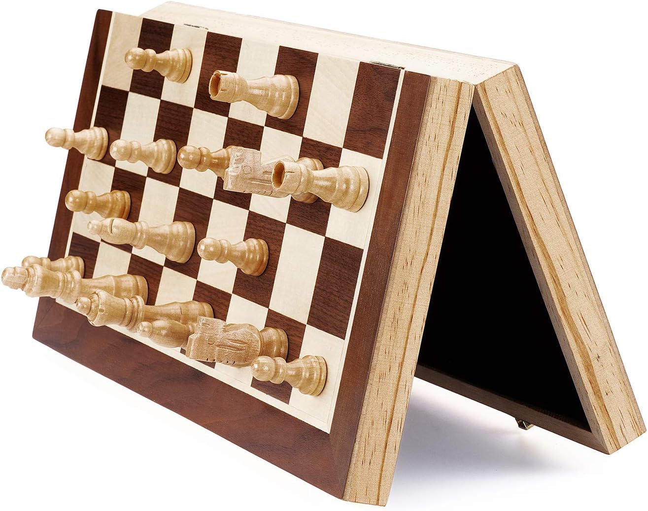 AMEROUS Chess Set, 15"x15" Folding Magnetic Wooden Standard Chess Game Board Set with Wooden Crafted Pieces and Chessmen Storage Slots