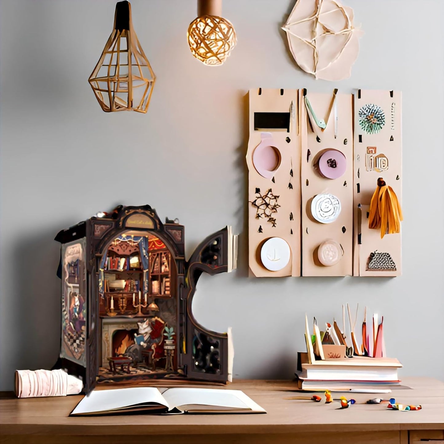 Fsolis Book Nook Kit DIY Scene Miniature Dollhouse Kit, 3D Puzzles for Adults, 108 Wooden Pieces, Bookshelf Decor Tiny House Mini Booknook Craft, Gift for Women Scale Model Lovers (Count Cat's Study)