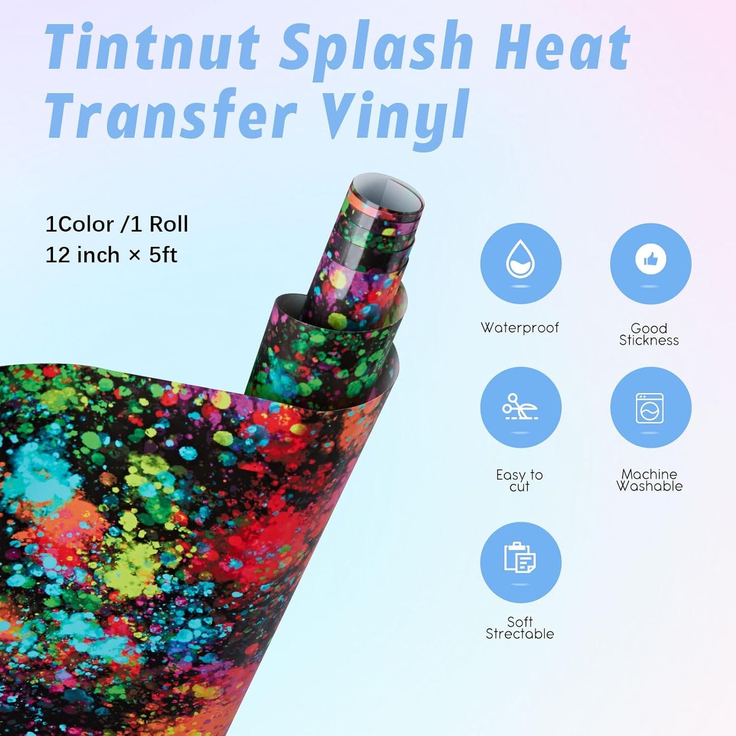 Tintnut Splash Heat Transfer Vinyl Roll - 12" x 5ft Mutilcolor Watercolor Ink Patterned HTV Splatter Iron On Vinyl DIY T-Shirts Hats Clothes Canvas Bags