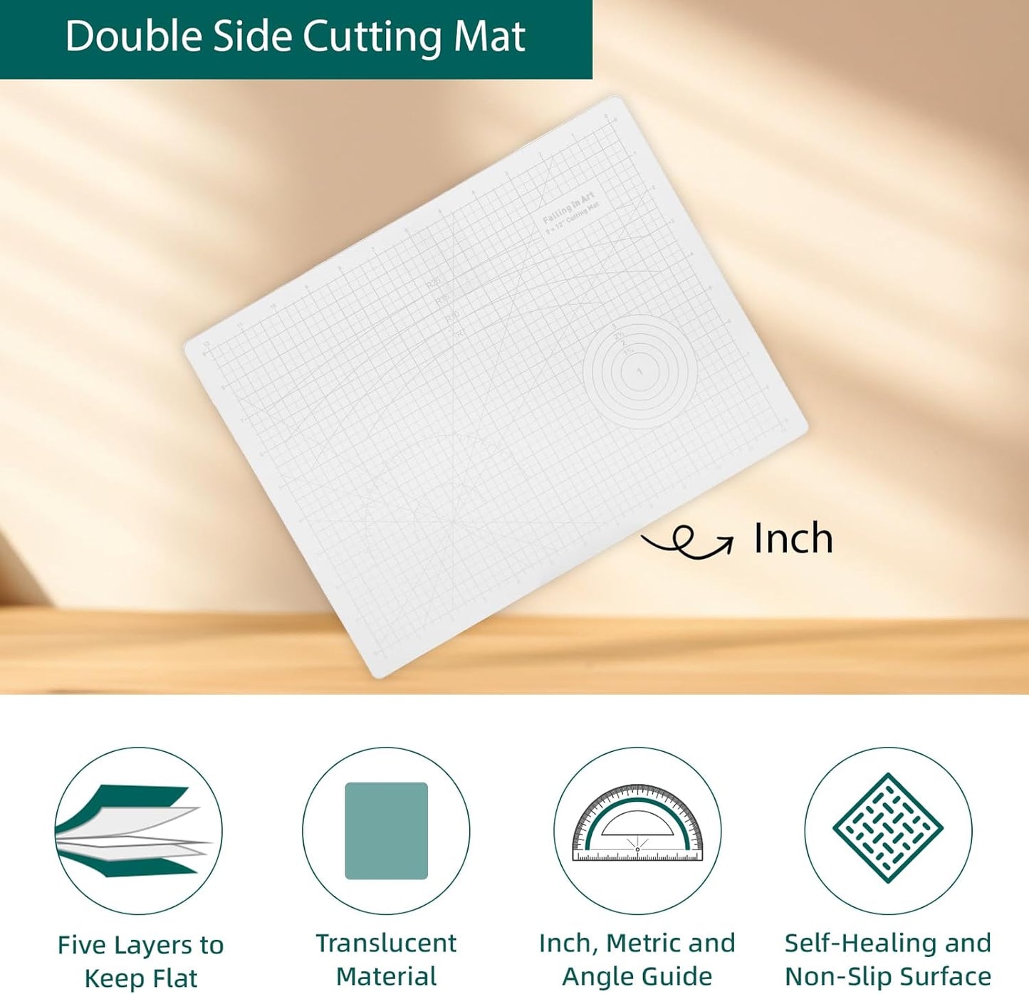 Falling in Art Self Healing Cutting Mat, 9x12" Cutting Mats for Sewing, Double-sided 5-Ply Fabric Cutting Board for Crafting, Quilting and Sewing Projects, White